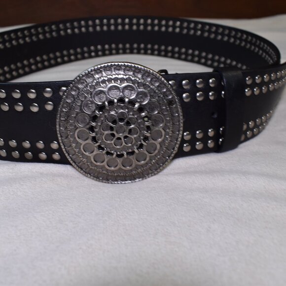 Black Studded Lambskin Leather Wide Belt Round Buckle Women’s XL - Picture 6 of 10